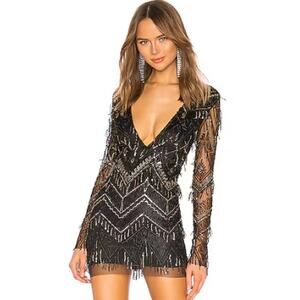 REVOLVE Superdown Nia Sequin Fringe Mini Dress Plunge V-Neck Mesh Long Sleeve
